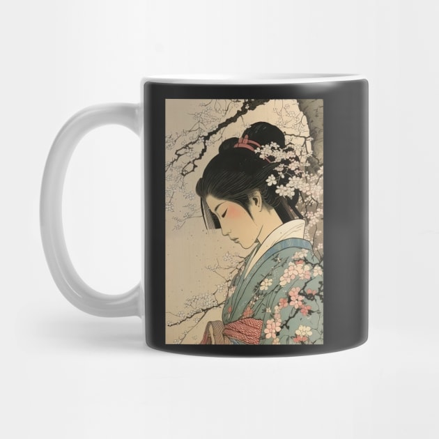 Ukiyo-e Japanese Art - Beautiful Woman Meditating Under a Cherry Blossom Tree by allovervintage